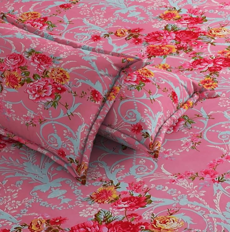 Image of 210 TC Glace Cotton Soft Flower Design Printed Fitted King Size 72x78x10 inches Bedsheet Set Lightweight & Durable All Season Comfort 1 Bed Sheet with 2 Pillowcase 17x27 inches - Pink