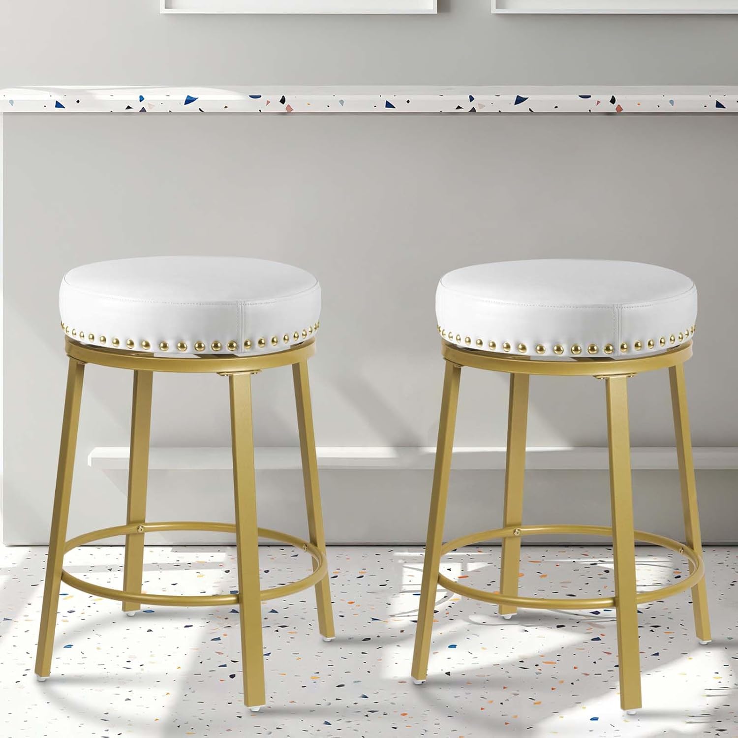 FLYZC White & Gold Bar Stools Set of 2 Counter Height 24
