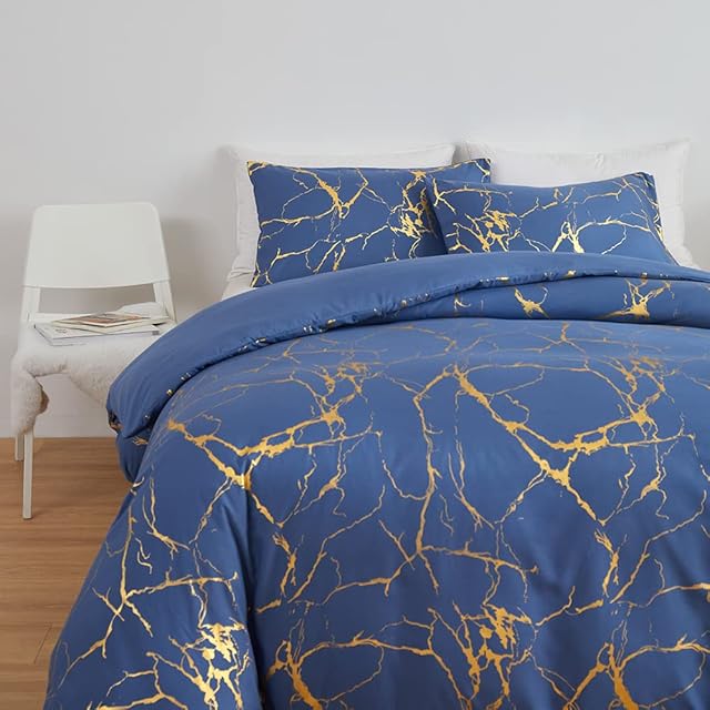 STYHO Gold Foil Marble Pattern King Size Duvet Cover Set Soft Cozy Blue Luxury Bedding Set Zipper Closure Reversible Comforter Cover Include 1 Quilt Cover + 2 Pillowcases(Blue,King)
