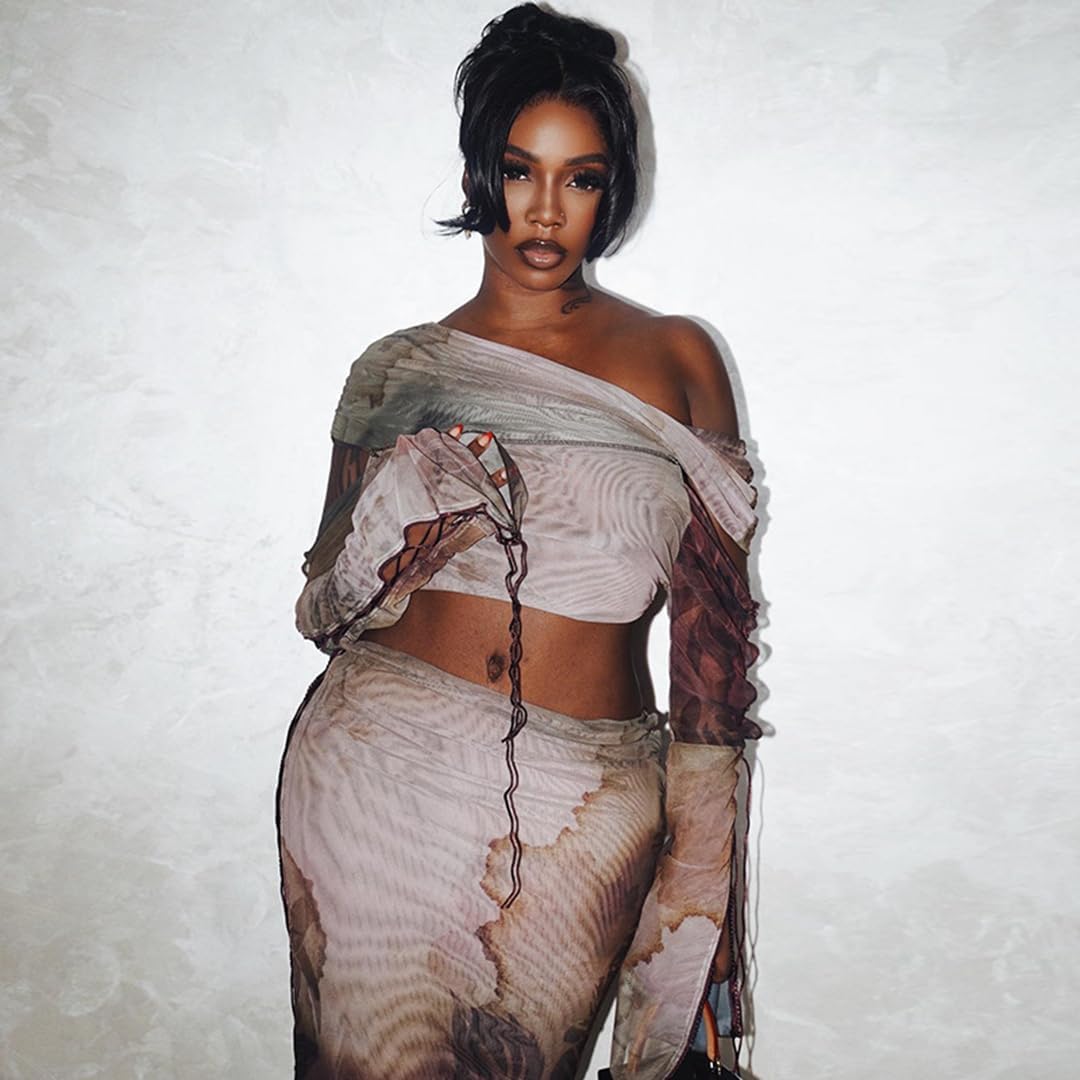 THLAI Women's Two Piece Sexy Outfit Long Sleeve Short Top Long Skirt Drawstring Print Casual Set Clubwear - Image 2