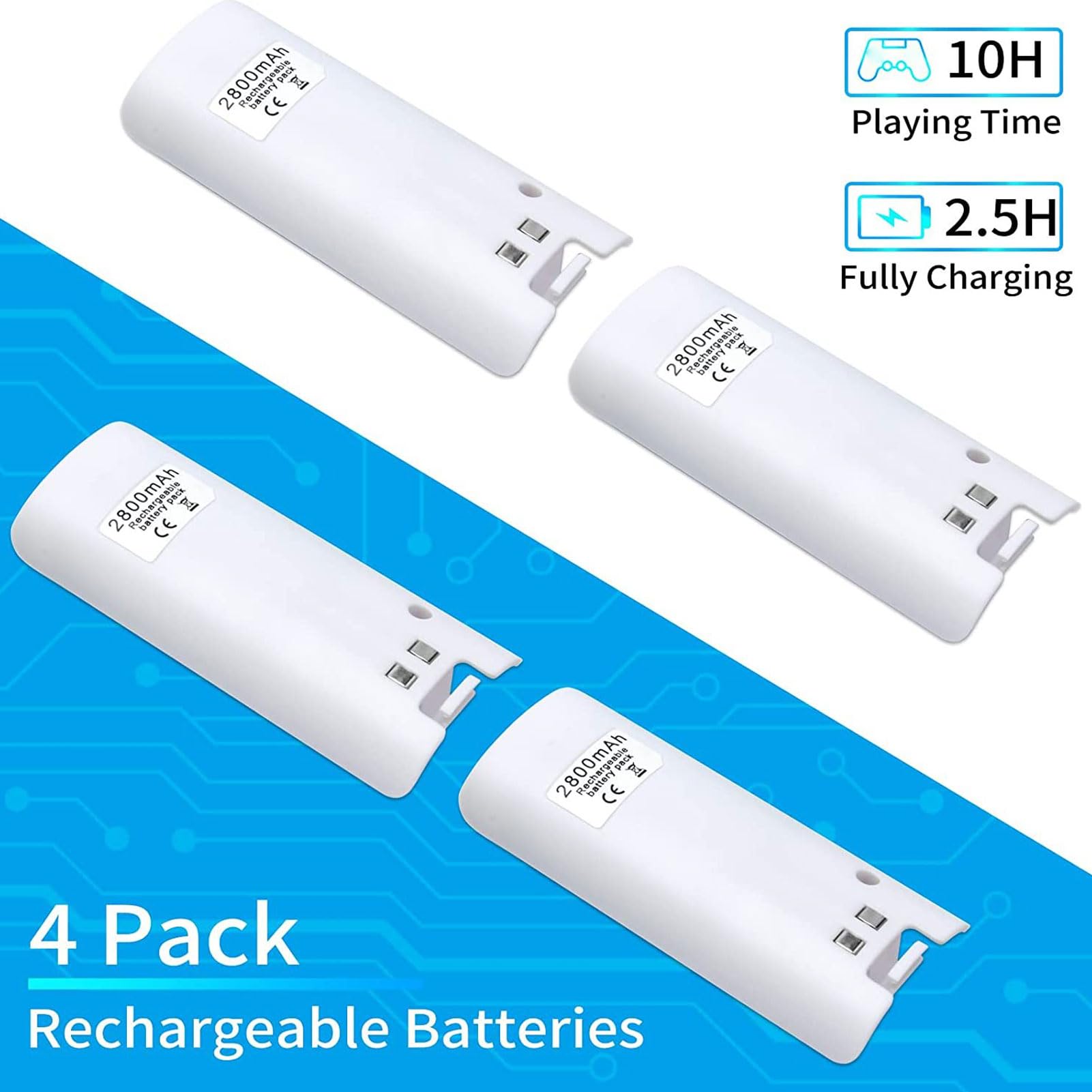 Station de Chargeur de Batterie Efficace 4 en 1 pour Télécommande, avec 4 Piles Rechargeables 2800mAh, Câble USB (Blanc)