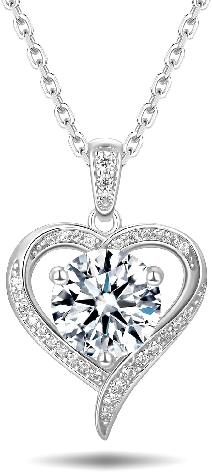 1-2 Carat Moissanite Round/Heart Necklace for Women, Solid 925 Sterling Silver, 16"/18"/20" Adjustable Chain, Anniversary Mother's Day Valentines Gift
