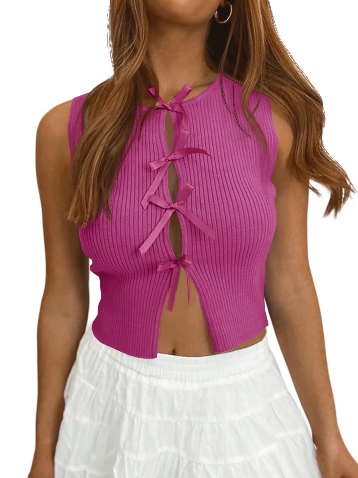 Saodimallsu Womens Summer Sleeveless Crop Tank Tops Bow Crew Neck Fitted Y2k Ribbed Knit Sweater Vest