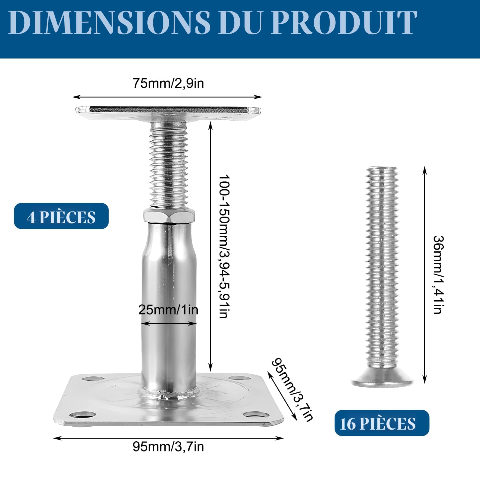 Lot de 4 supports de poteau réglables galvanisés 100-150 mm pour clôtures et pergolas
