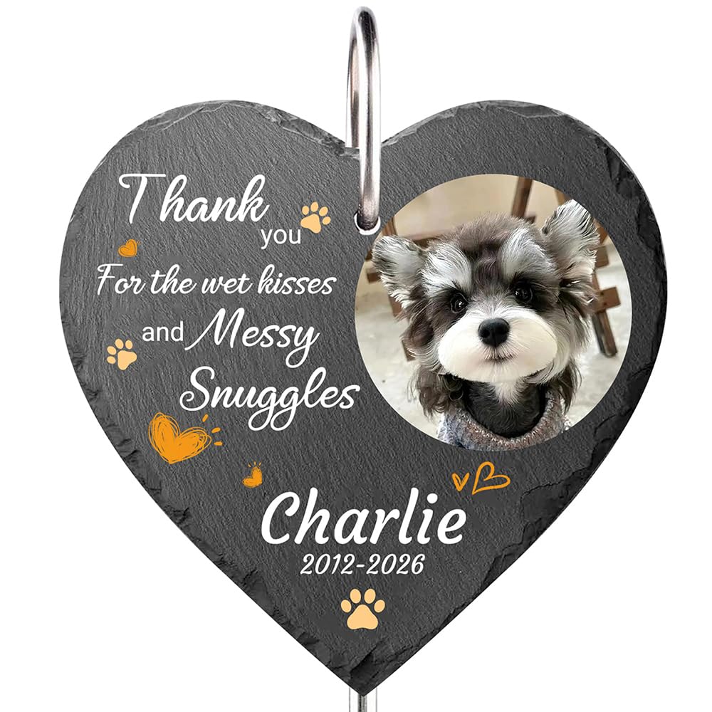 bolukets Personalised Pet Memorial Plaque with Hook Customized Garden Memorial Stone Cat Tombstone Dog Slate Grave Memorial Gifts for Loss Outdoor (Photo-Heart Shape 2)