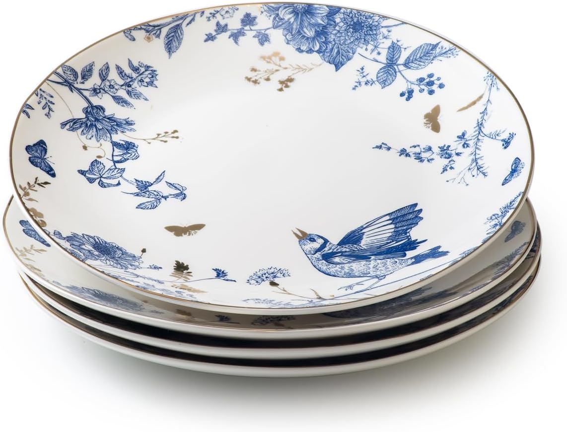 Porcelain Floral Plates 10 Inch Ceramic Salad Plates Kitchen Plates Set of 4 Blue and White Dinner Plates, Pasta Plate for Appetizer, Dessert,Party,Housewarming,Gift