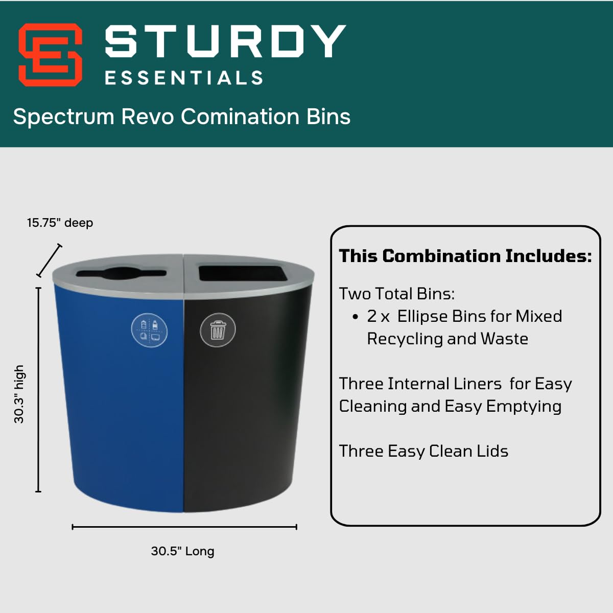 Sturdy Essentials Spectrum Powder Coated Steel Recylcing Bin and Waste Bin Combinations Used for Commercial Spaces, Businesses, Offices, Hotels, Apartments (Blue Mixed Recycling + Black Waste)