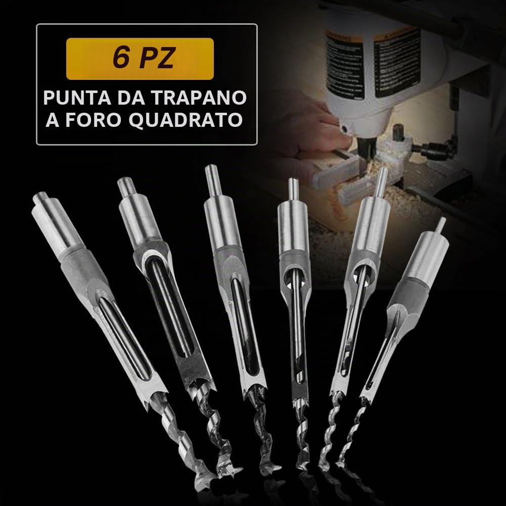 Punte per trapano a foro quadrato per legno, set da 6 pezzi di punte scalpello per mortasa e seghe a tazza – accessori per trapano universali per falegnameria e lavorazione del legno