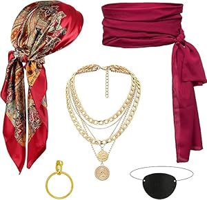 kiimiipa 5pcs Halloween Kostüm Damen Pirat,Piratenkostüm Accessoires Damen,Piraten Kostüm Frauen Accessoires Set,Halskette Piraten Stirnband Taillengürtel Pirat (Rot)