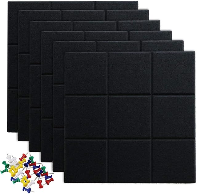 Uoisaiko Large Felt Board Tiles with 30 Pins, 30x30cm Pack of 6 Bulletin Board Notice Boards for Home Office Kitchen, Self Adhesive Pin Board Wall Tiles for Photos Memos