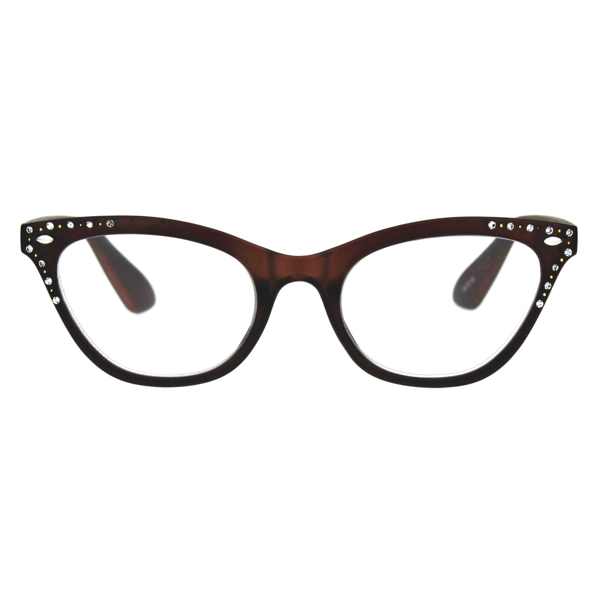 SA106 Womens Bling Rhinestone Plastic Cat Eye Horn Rim Powered Reading Glasses Brown 2.5
