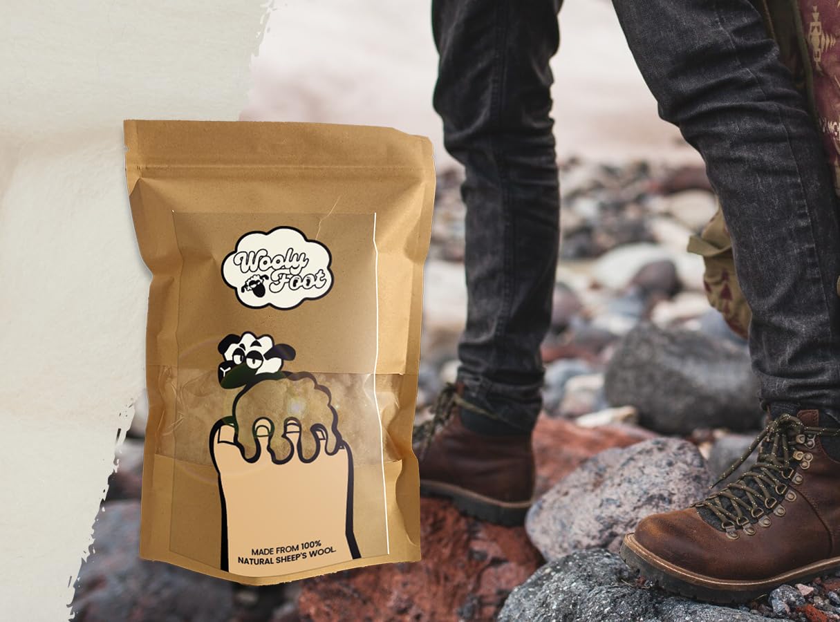 WoolyFoot - Lana de oveja rica en Lanolina para prevención de ampollas y alivio de presión en los pies | Protección sostenible y biodegradable para los pies | Paquete de 30 g (25-35 aplicaciones)