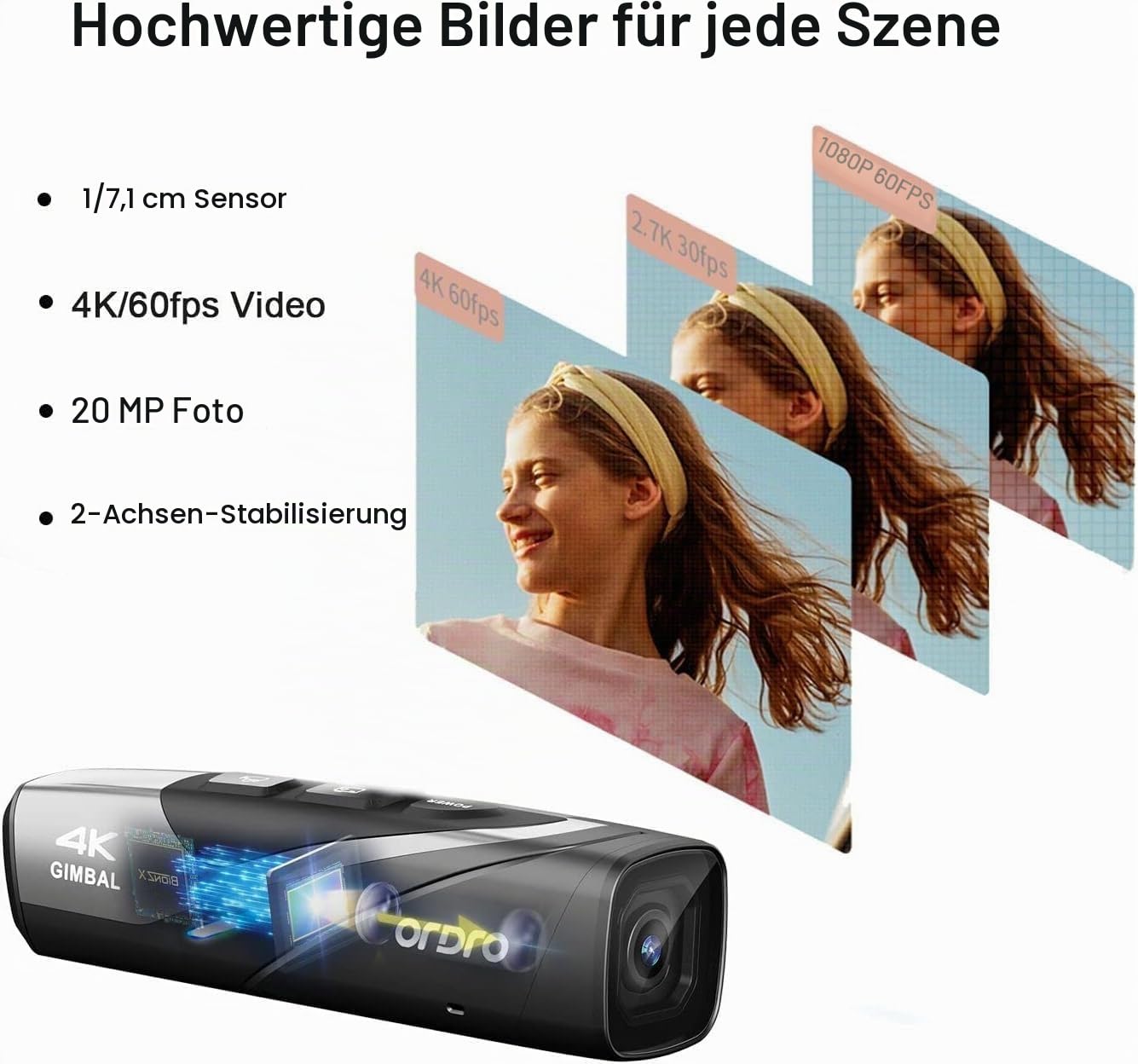 ORDRO Videokamera 4K EP8 Tragbare Kamera POV-Aufnahmen, Ultra HD 4K 60fps Camcorder mit 1/2,8" Sensor, 2-Achsen-Gimbal-Stabilisator, 2,4/5G WiFi, Mit Fernbedienung und 64GB MikroSD Karte