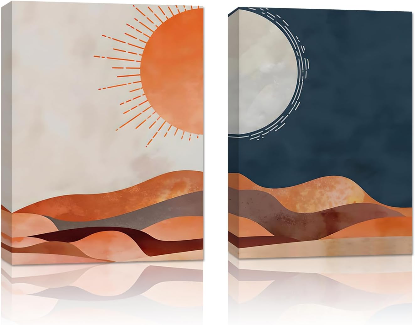 Lavozazoo Burnt Orange Sun and Moon Canvas Wall Decor, Day Night Abstract Poster Print Wall Art, Living Room Burnt Orange and Navy Blue Print, Boho Pictures for Office, Framed Ready to Hang