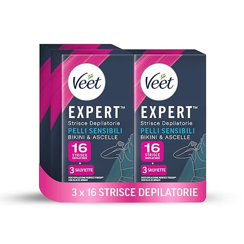 Veet Expert 48 Strisce Ascelle e Zona Bikini Pelli Sensibili, 3 Confezioni da 16 Strisce
