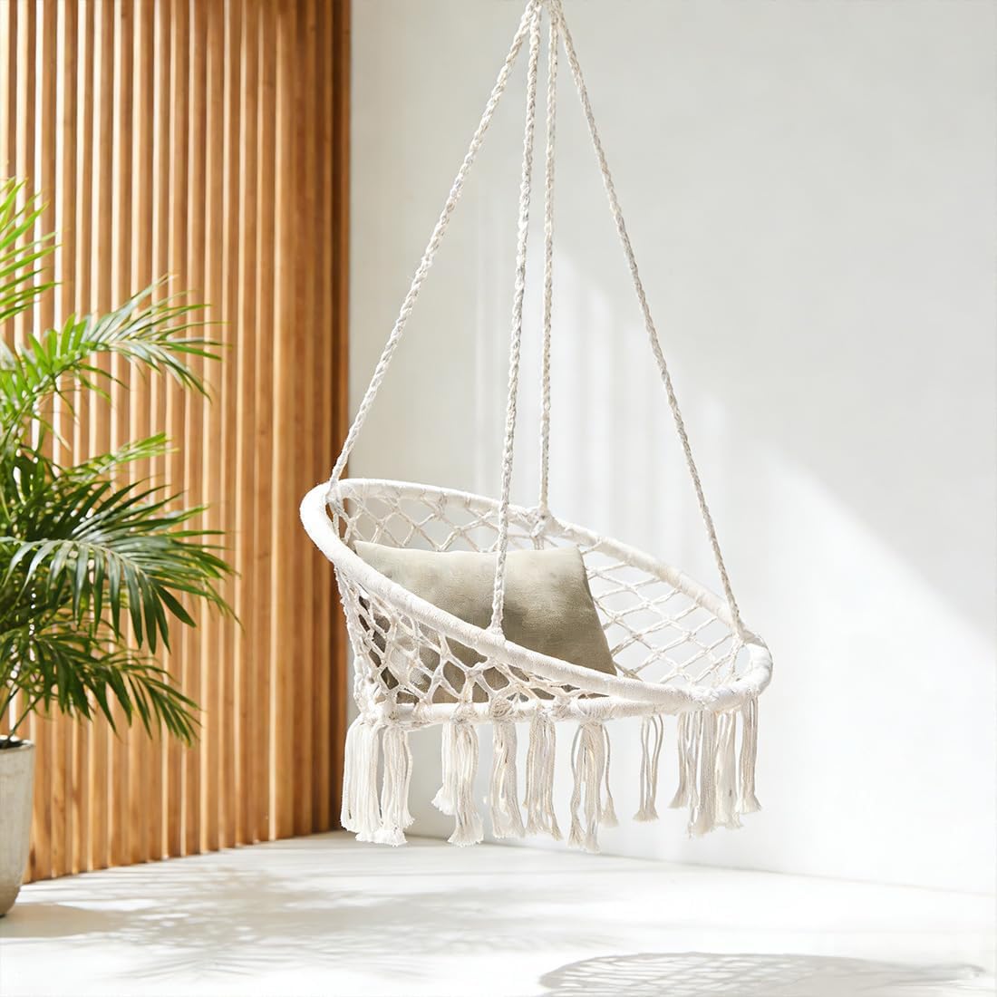Panda Home Silla Colgante Exterior con Flecos, Ø80cm X 120Cm,Silla Columpio para Interior y Exterior, Beige