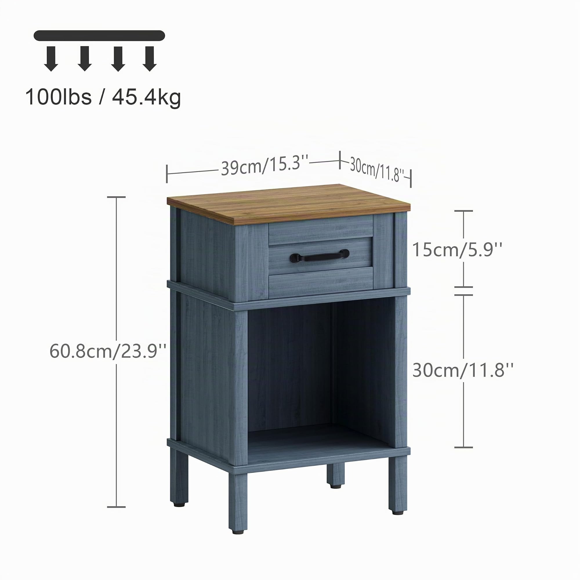 Table de Chevet avec Tiroir Poignée Compartiment Ouvert Table d’Appoint en Bois pour Chambre Salon Bleu LET512LR
