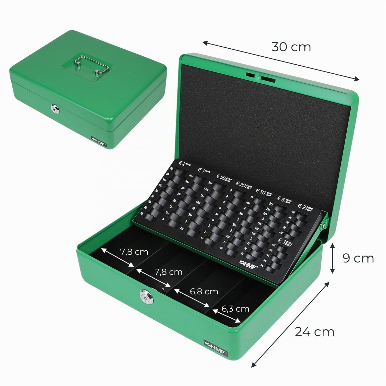 HMF Caja caudales con cerradura y bandeja para contar monedas, 30 x 24 x 9 cm | Verde