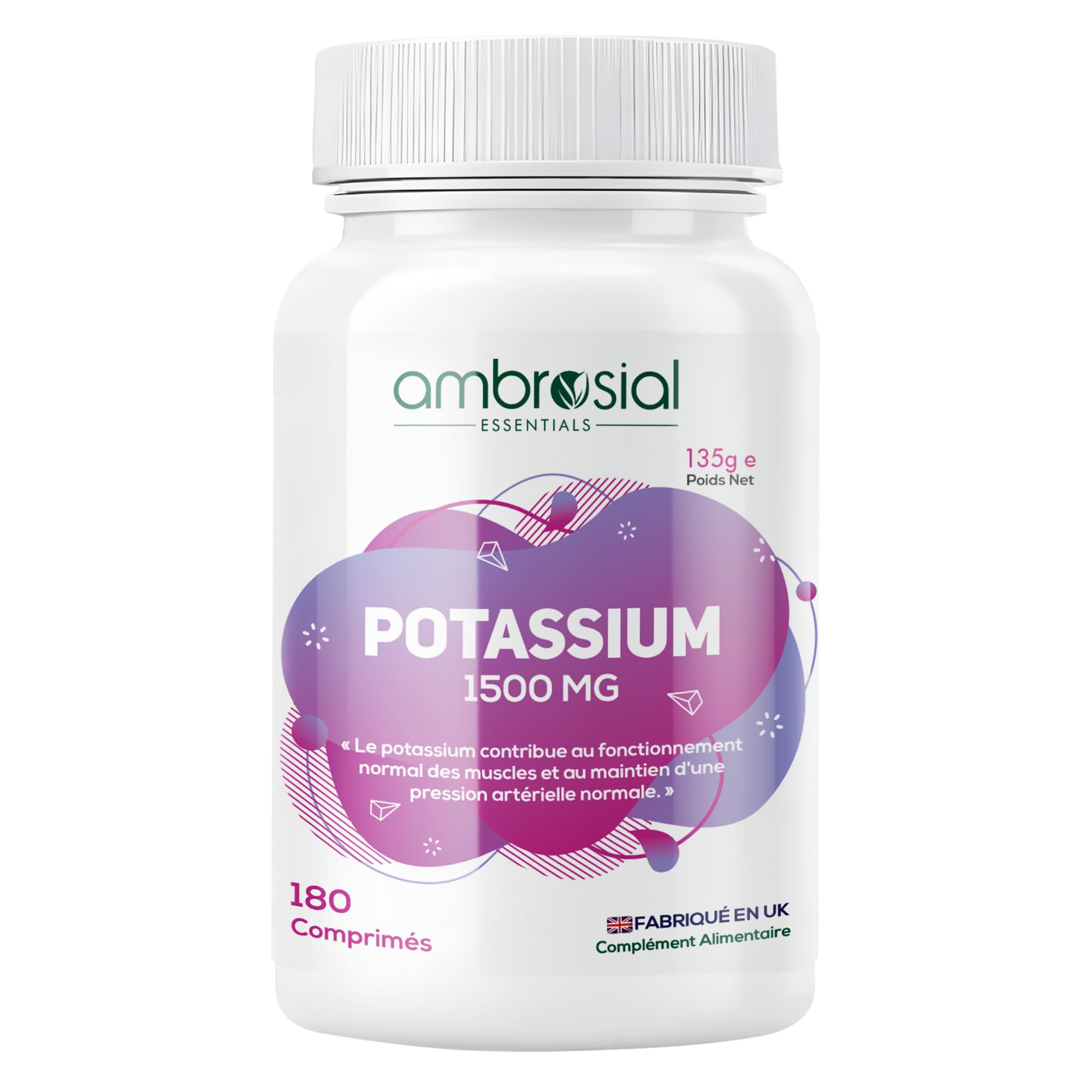Ambrosial Chlorure de Potassium 1500 mg – Complément de Potassium Haute Teneur – 778 mg de Potassium Élémentaire – Fabriqué au Royaume-Uni, Certifié GMP – 180 Comprimés