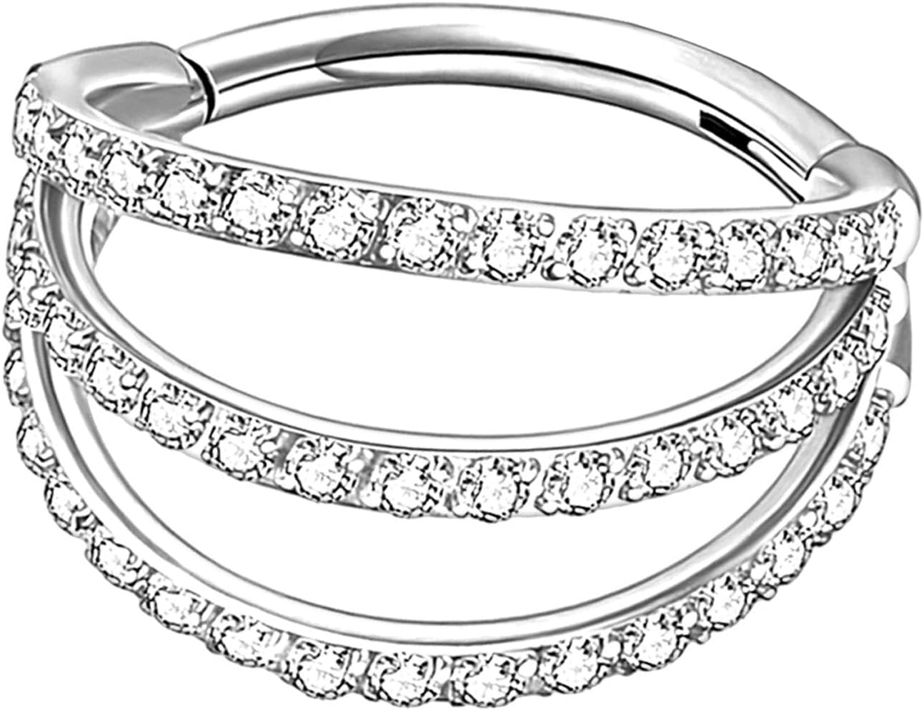 Titanium Clicker Ring in Triple Hoops Style and Zirconia, Piercing Conch Tragus Nose Huggie Nostril Jewelry