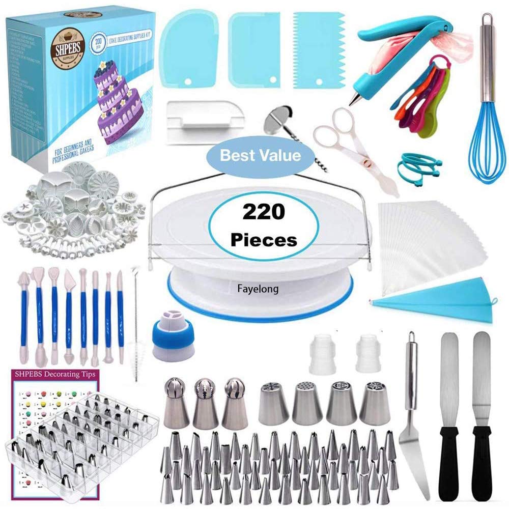 Fayelong Kit Zum Dekorieren Von Kuchen Mit Backzubehör, Satz Mit 220 Teilen, Satz Mit 38 Edelstahl-Zuckergussspitzen, 2 Wiederverwendbaren Kupplungen Und 100 Spritzbeuteln