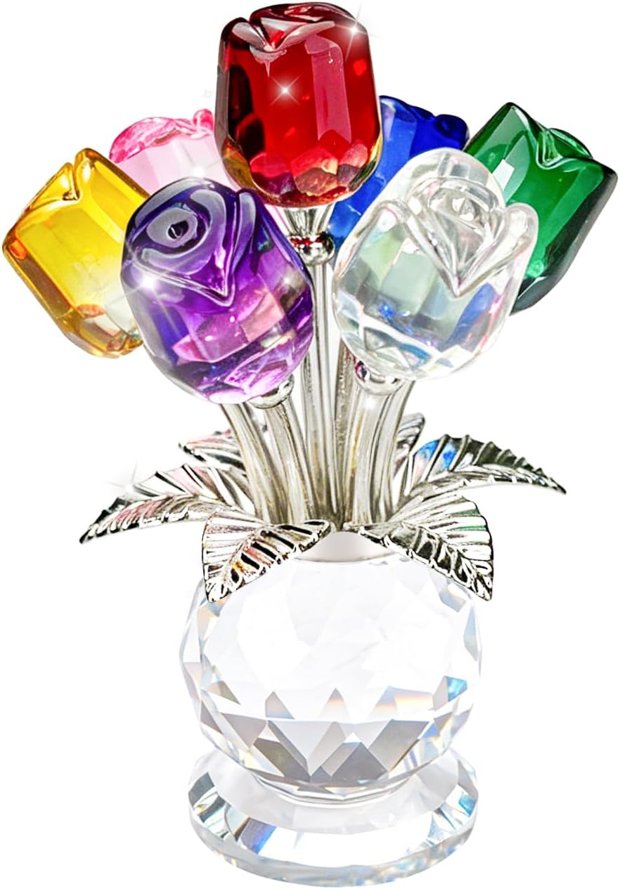Rainbow Crystal Rose Bouquet Figurine, Colorful Glass Roses in Vase, Crystal Flower Figurines Collectible Sculpture for Women Mother’s Day Valentines Home Decor Ornament Gifts (Colour)