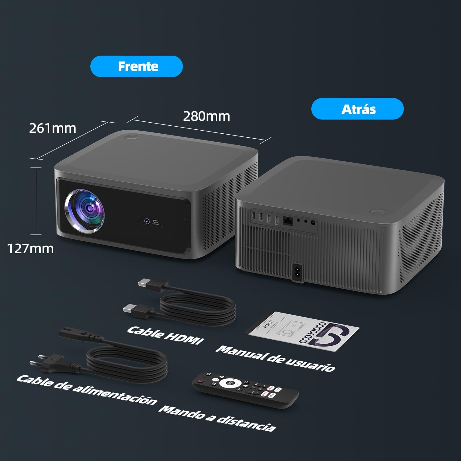 GOKOCO bettdow AC1071 projector with its dimensions and included accessories: HDMI cable, power cable, remote control, and user manual.
