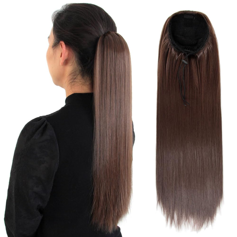 SERENDIPA Ponytail Extension,Drawstring Ponytail 20 Inch,Long Straight Synthetic Clip In Pony Tail Hair Pieces for women (8#/Medium Brown)