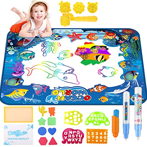 welltop Aqua Magic Doodle, Wasser Doodle Matte 100*70cm Kinder, Große Magic Malmatte mit 3 Magic Stifte, 3 Stempelset- Perfektes Spielzeug für Mädchen Junge