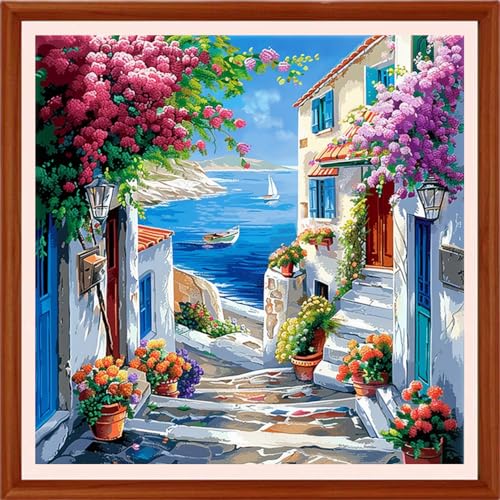 Image of Foxhool Stamped Cross Stitch Kits,11CT Printed Cross Stitch Pattern Full Embroidery Kits for Beginner Needlepoint Kits&Seaside Scenery 18x18 inchs