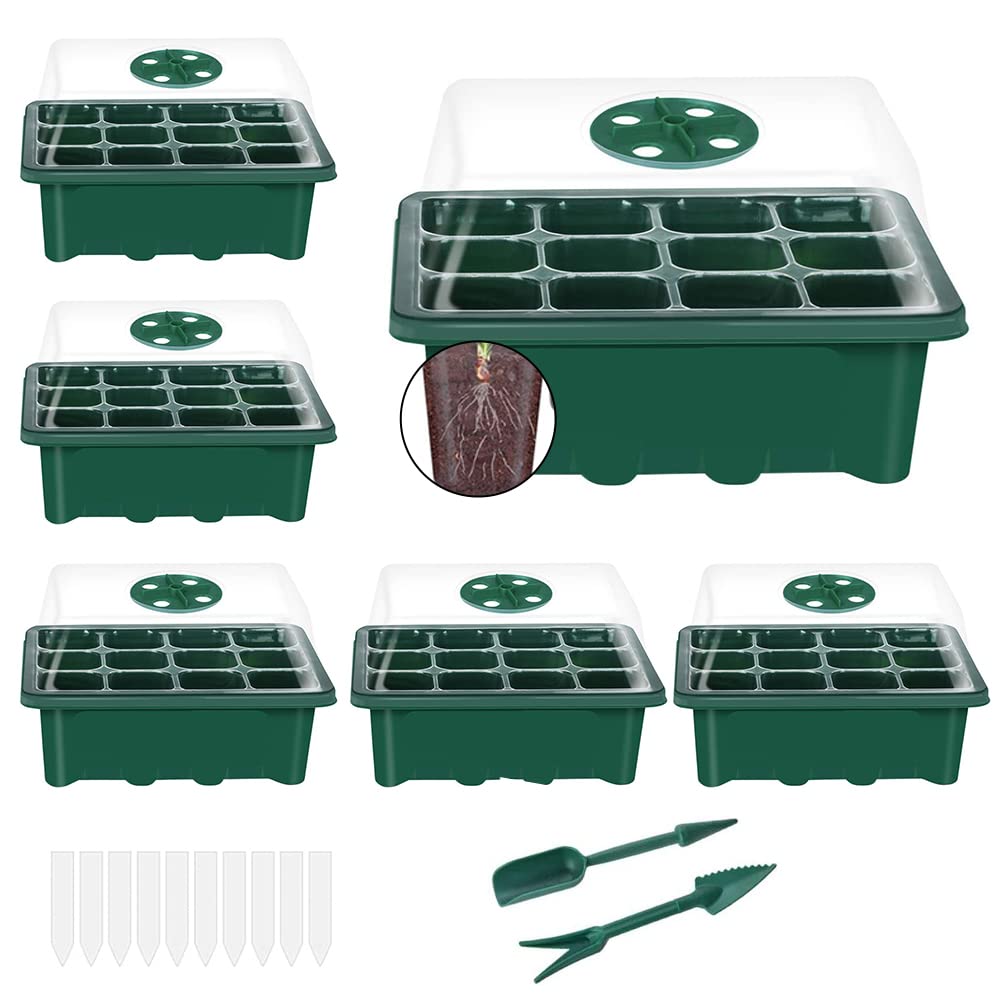 Seed Trays Propagator 6 Pack 72 Cells Thicken Seedling Trays Growing Kit with Clear Lids Plant Germination Incubator Adjustable Humidity Dome Reusable for Greenhouse, Garden