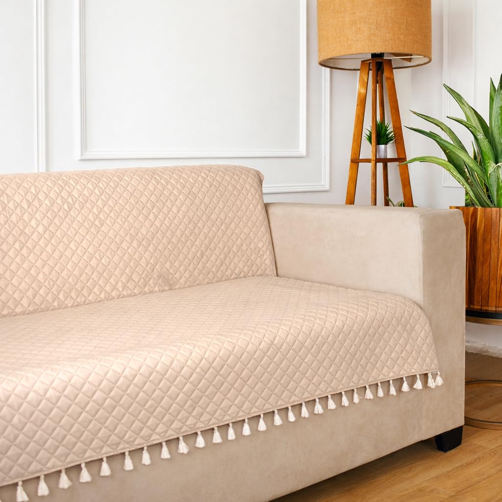 STITCHNEST 'Maison Plush Series' Quilted Velvet Sofa Cover 2 Seater Fully Covered | Premium Soft Fabric, Washable & Fade Resistant | Beige Sofa Protector with Tassels | Size 48x60 Inch