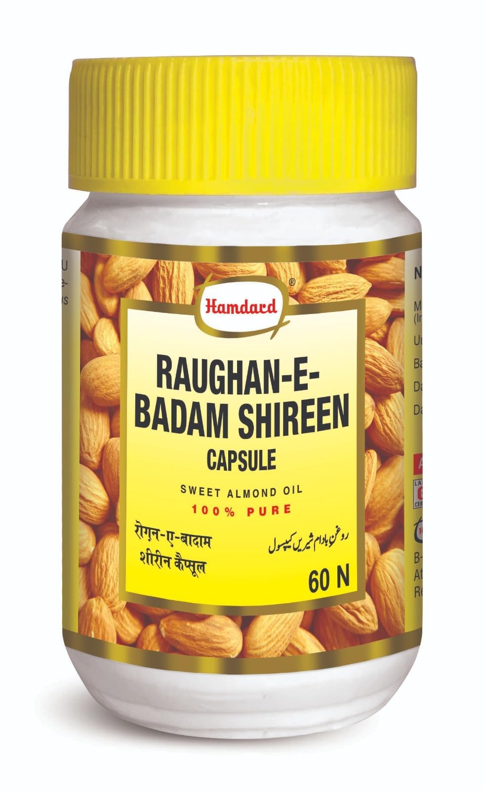 Hamdard Roghan Badam Shirin Capsules with Complete Nutrition of Almond Oil Extract for Healthy and Strong Hair - 60 Capsules,