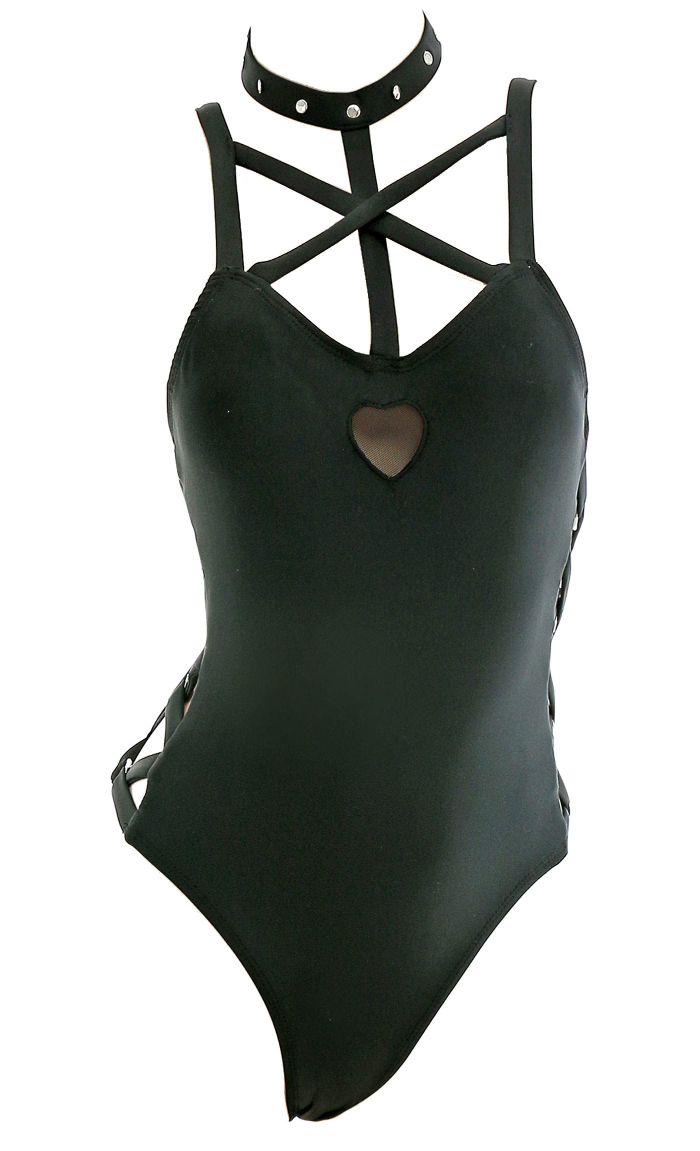 Haikyuu Women One Piece Swimsuit Gothic Goth Bathing Suits Sexy Halter Hollow Swimwear Monokini Cutout, Halter Black, Medium