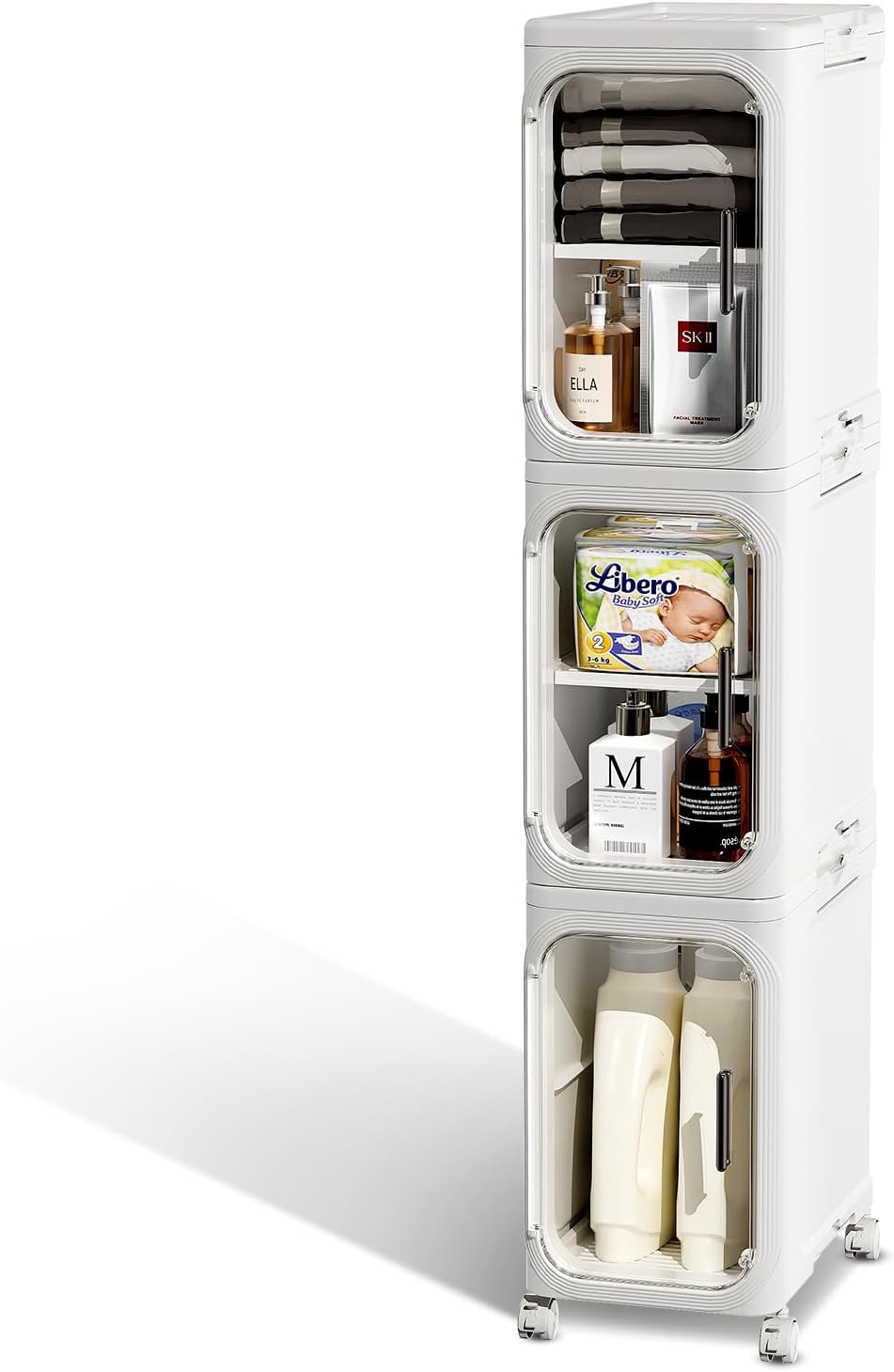 JOYZAN Narrow Bathroom Storage Cabinet with Movable Wheels, Slim Storage Cabinet with 3 Doors & Removable Panel, Skinny Bathroom Organizers and Storage for Small Space, Corner, Kitchen, Laundry 3-Tiers