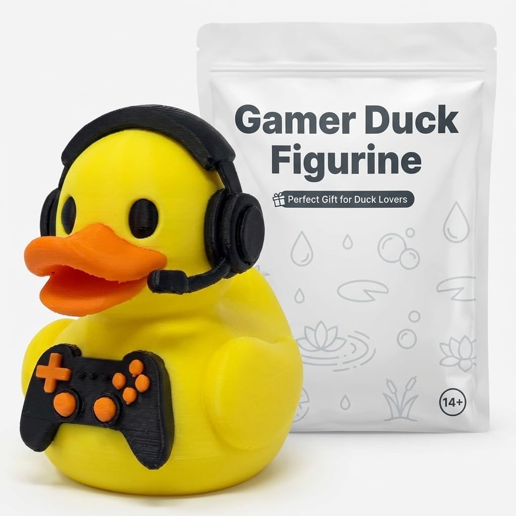 Gamer Duck Collectible Figurine - Vibrant Yellow Gaming Duck with Headset and Controller Desk Decor - 3D Printed in Canada
