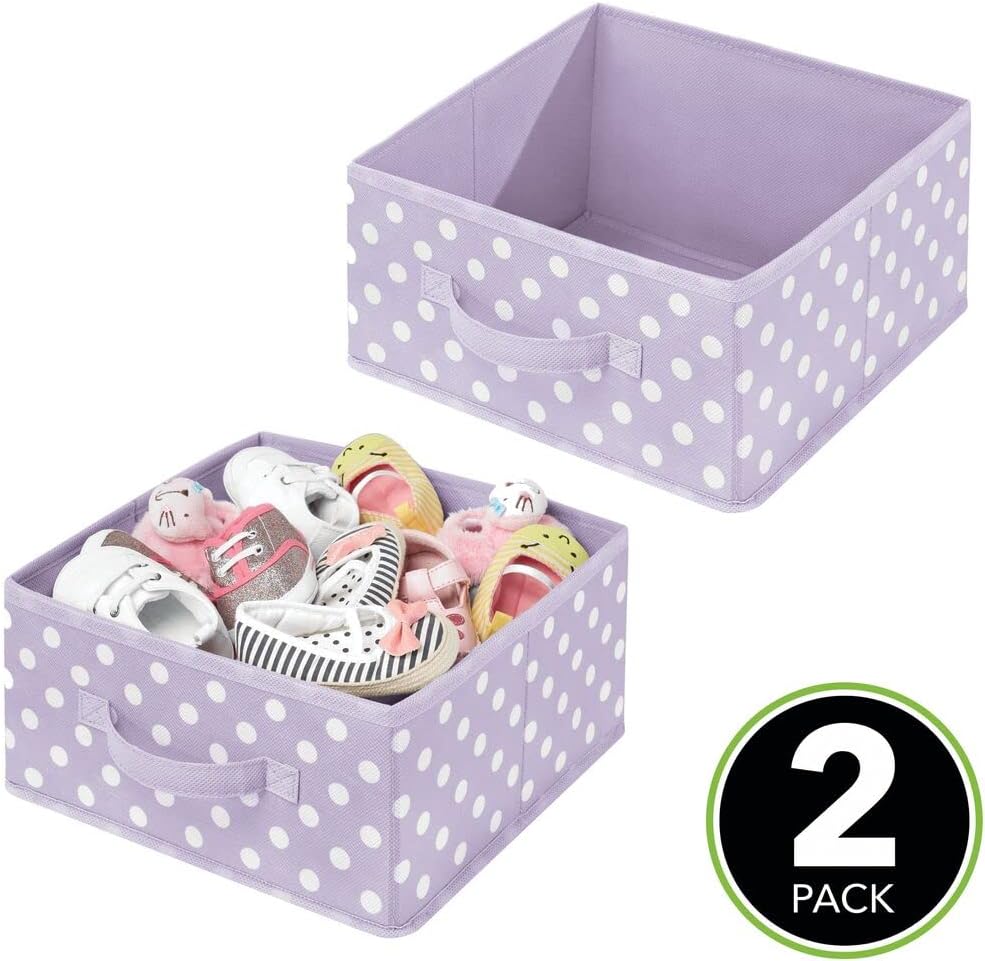 mDesign Soft Fabric Closet Storage Organizer Bin Box - Front Handle, for Cube Furniture Shelving Units Bedroom, Nursery, Toy Room - Polka Dot Print - 2 Pack - Light Purple/White