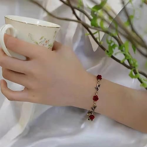 Miniatura 5 de Pulseras de rosas para mujer, pulseras de flores delicadas para mujer, pulseras rojas, joyería vintage para mujer