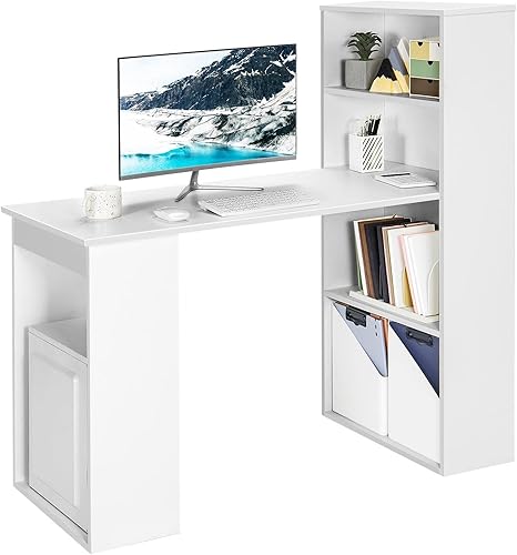 Miniatura 10 de IFANNY - Escritorio negro para computadora con estantería, moderno escritorio de oficina en casa con estantes de almacenamiento y soporte de CPU,