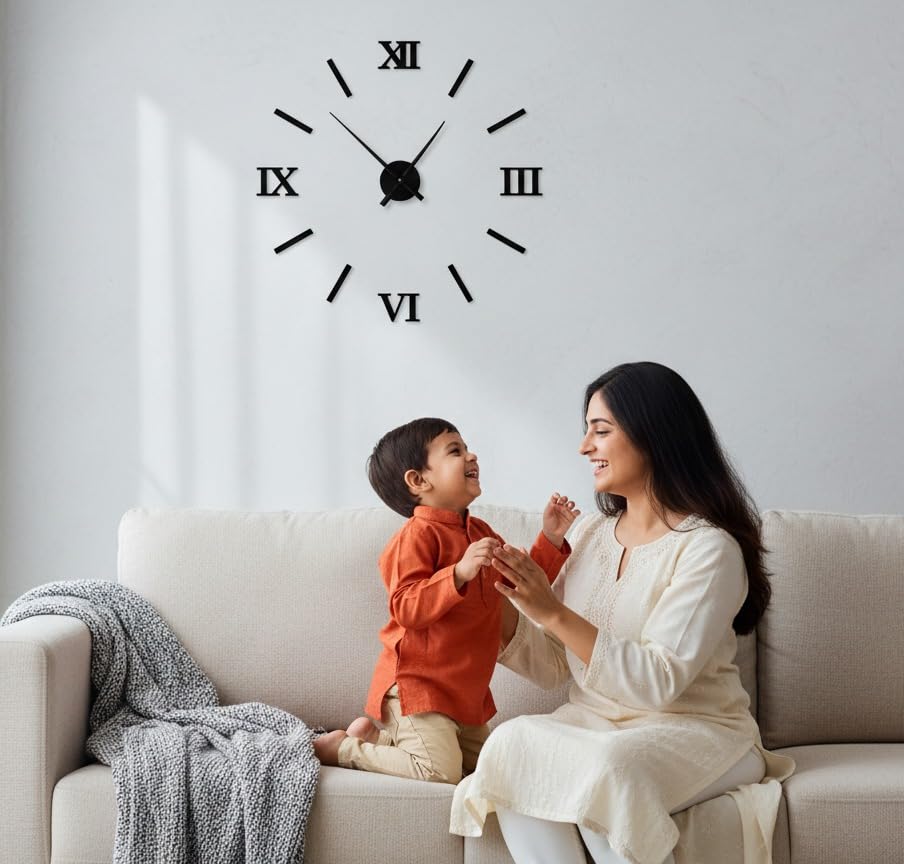 Image of cozyloom DIY 3D Wall Clock for Living Room Decor | Large Analog Roman Number Wall Clock with Minimalist Design | Stylish Decorative Wall Watch for Bedroom, Office, Hallway & Home Decoration