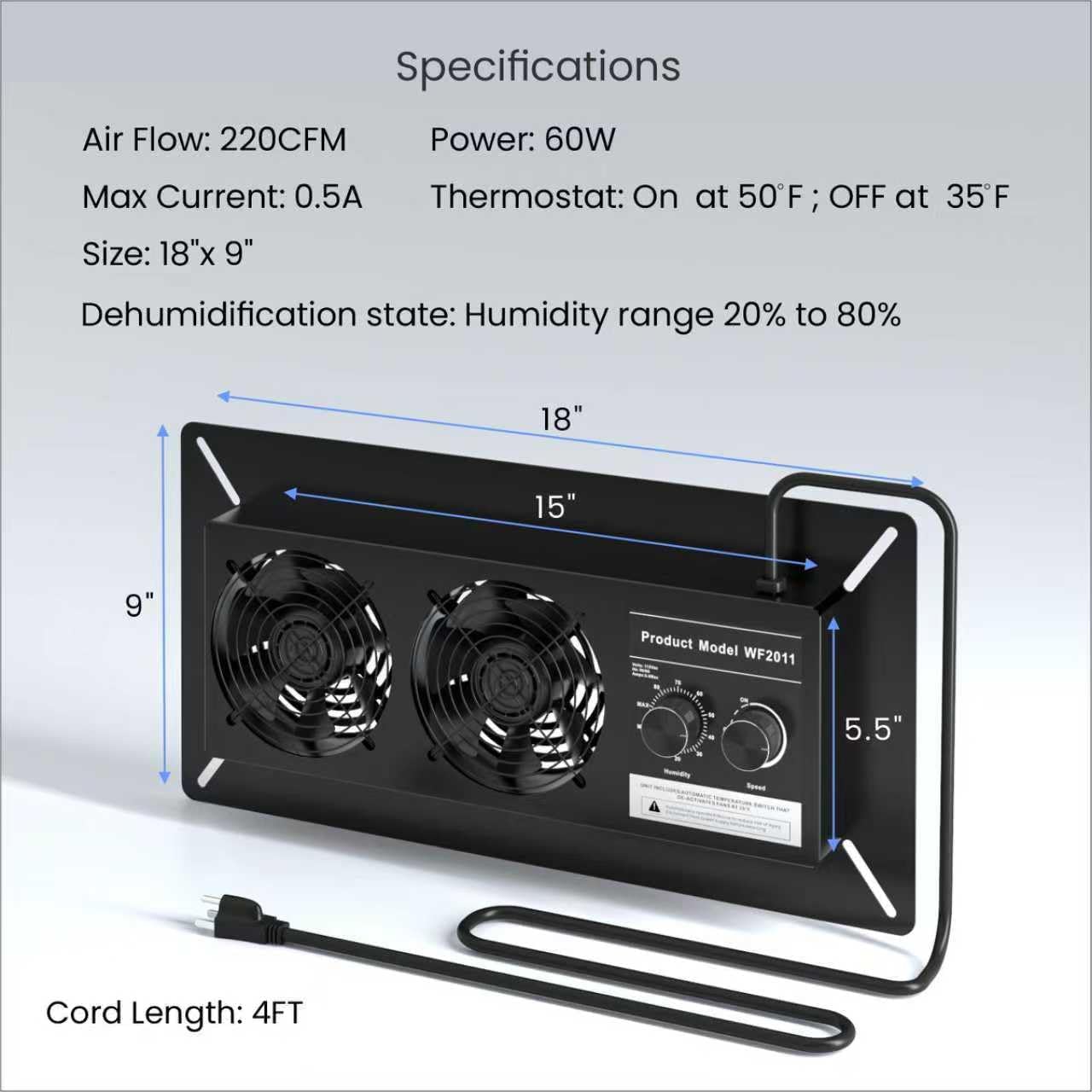 Crawlspace Fan, 220 CFM Basement Ventilation Fan with Humidistat, Dehumidistat & Freeze Protection Thermostat, for Crawl Spaces Basement Garage Attic Hydroponics