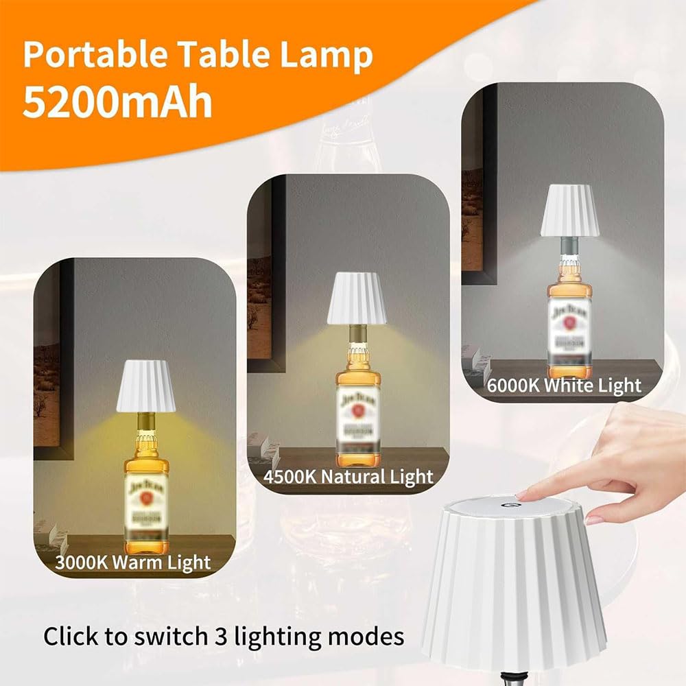 Lampada Per Bottiglia Ricaricabile USB-C – Touch Dimmerabile 3 Colori, Batteria 2000 MAh, Per Tavolo, Terrazza E Campeggio