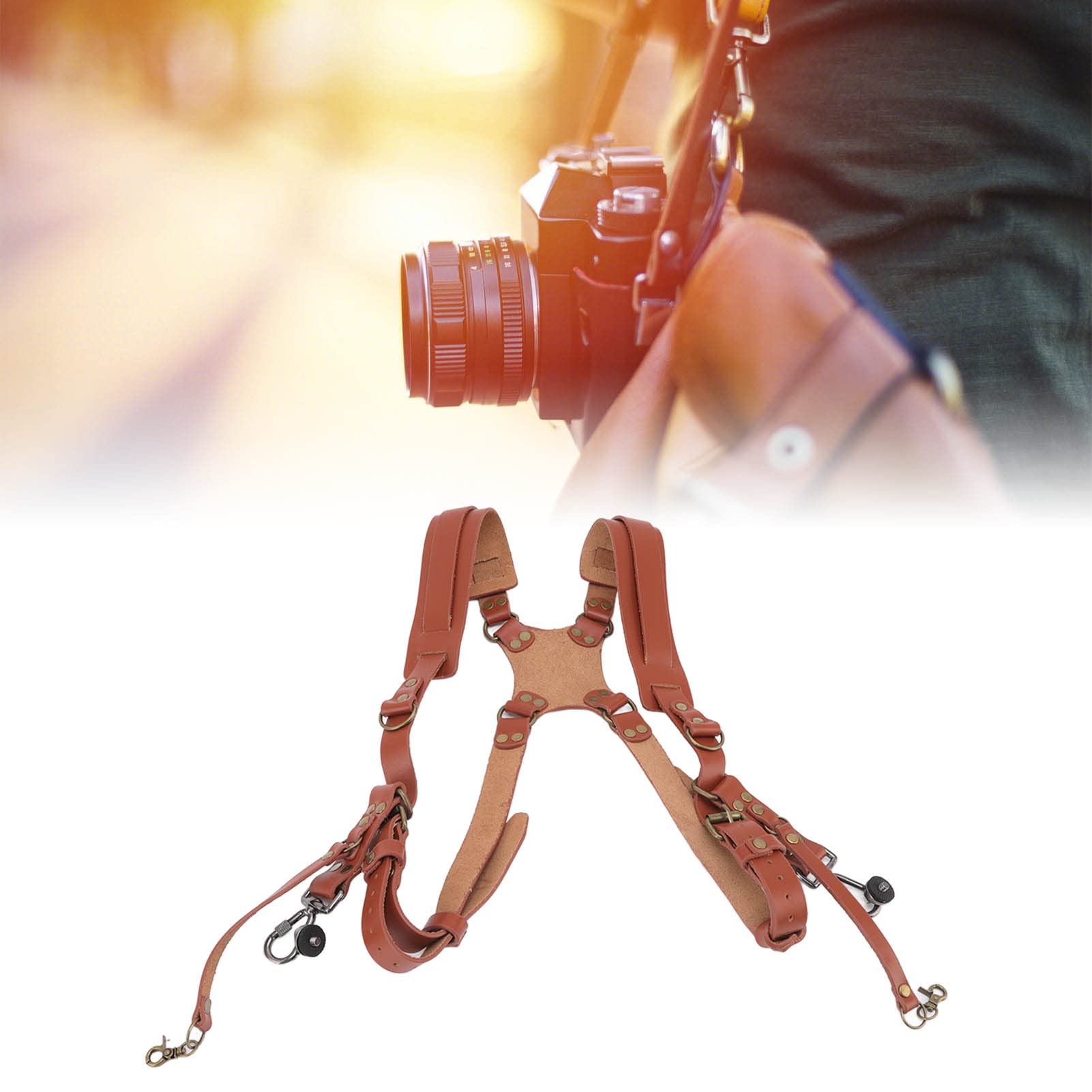Focket Accessori per la Cinghia della Fotocamera per Due Fotocamere, Comoda Imbracatura in Pelle a Doppia Spalla, Accessori per Fotocamera a Tracolla, Attrezzatura per Fotocamera Multipla