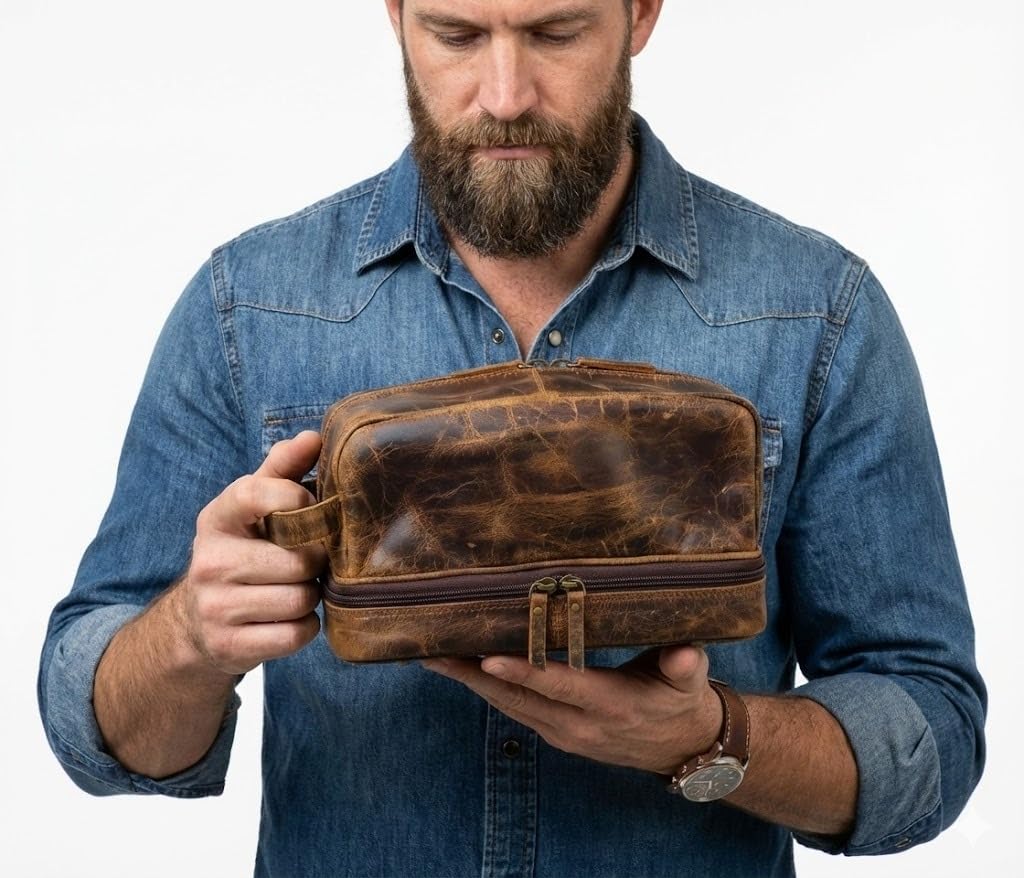 Jaald Neceser de cuero genuino para hombre, impermeable, kit doble, bolsa de afeitar, cuidado de viaje, regalo padrino, mujer, para colgar, cierre de fricción, bolsa de maquillaje, bolsa de cosméticos