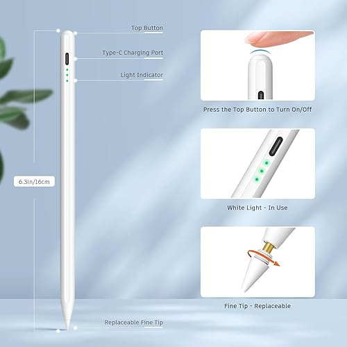 Miniatura 4 de Lápiz óptico para iPad 2018-2024, 15 minutos de carga rápida Apple Pen iPad lápiz con rechazo de palma y sensibilidad de inclinación, compatible con