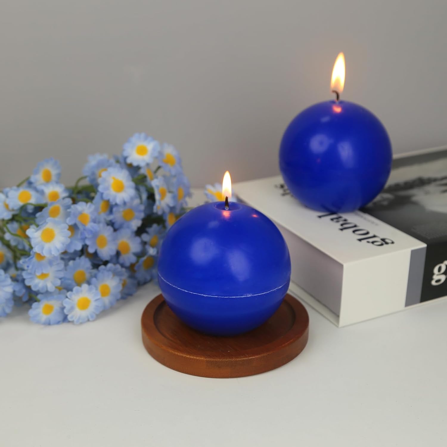 Royal Blue Ball Pillar Candles Set of 3 – 3"x3" Unscented Round Pillar Candles, Hand-Poured for Weddings, Home Decor & Centerpieces, 40-Hour Clean Burn
