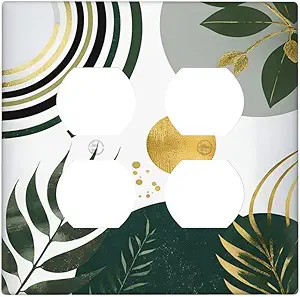 Decorative Outlet Covers Boho Green Leaves Bohemian Gold Sun 2 Gang Wall Plate Cover Double Duplex Receptacle Two Switch Light Switch Cover Plate Jumbo Dual Faceplate