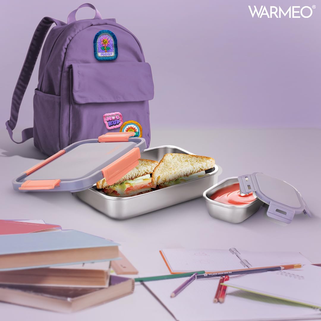 WARMEO Carnival Stainless Steel Airtight Leak-Proof Lunch Box, Light Weight, Easy to Clean, Perfect for Office, School, Picnic & Travelling, Set of 2 (800ml+150ml) Purple & Peach — Amazon image 5
