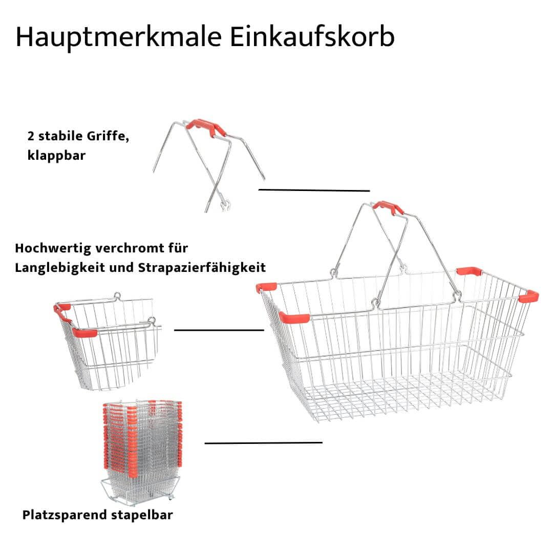 Metall-Einkaufskörbe 20er Set 22L mit Sammelwagen schwarz | 20 Körbe mit Griff, Tragekorb, Einkaufskorb, 30 kg belastbar, stapelbar, Metallkörbe, rollbarer Korbstapelwagen, Sammelwagen