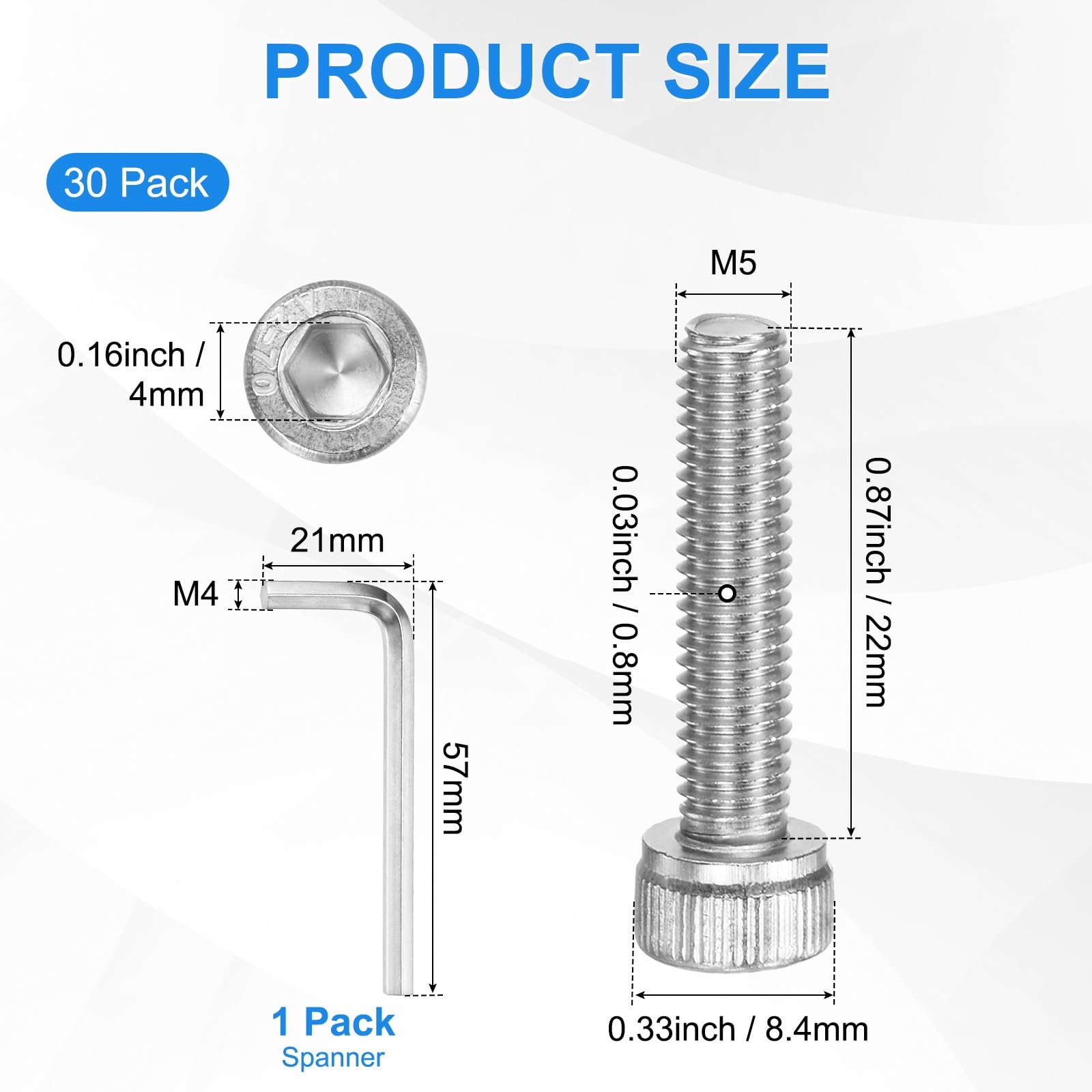 M METERXITY 30-Pack M5 x 22mm Socket Head Cap Screws, 304 Stainless Steel Hex Machine Bolts - Image 3